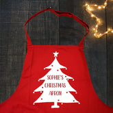 A close up of a red personalised Christmas apron